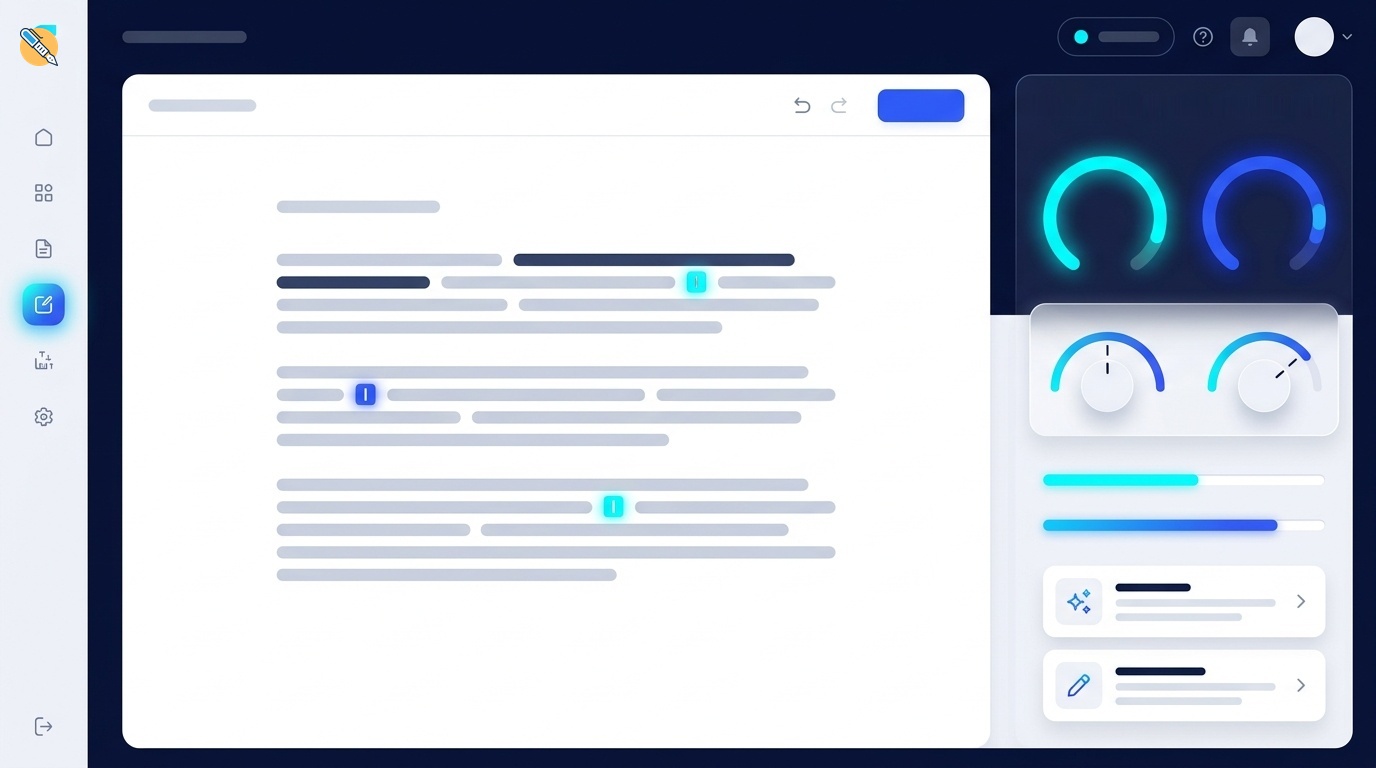 SoftSeek Pro AI Writing Platform Dashboard Interface with Document Editor and Real-Time Analytics